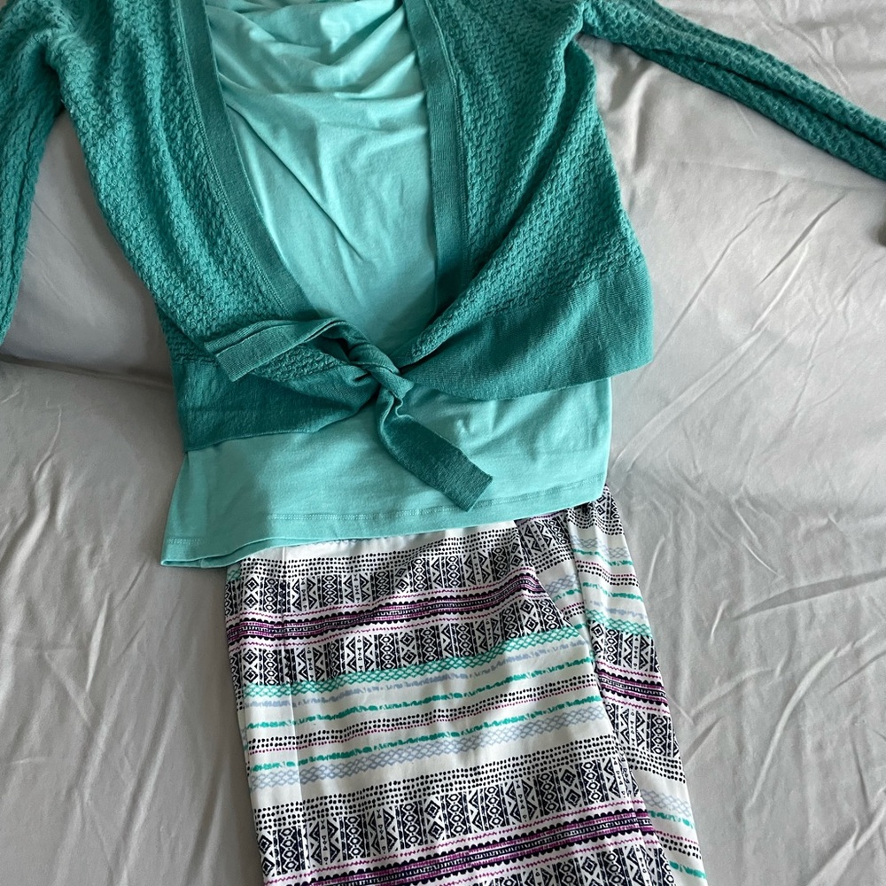 The set! A Title Nine cardigan, tank top with a silky long skirt. Summer colors